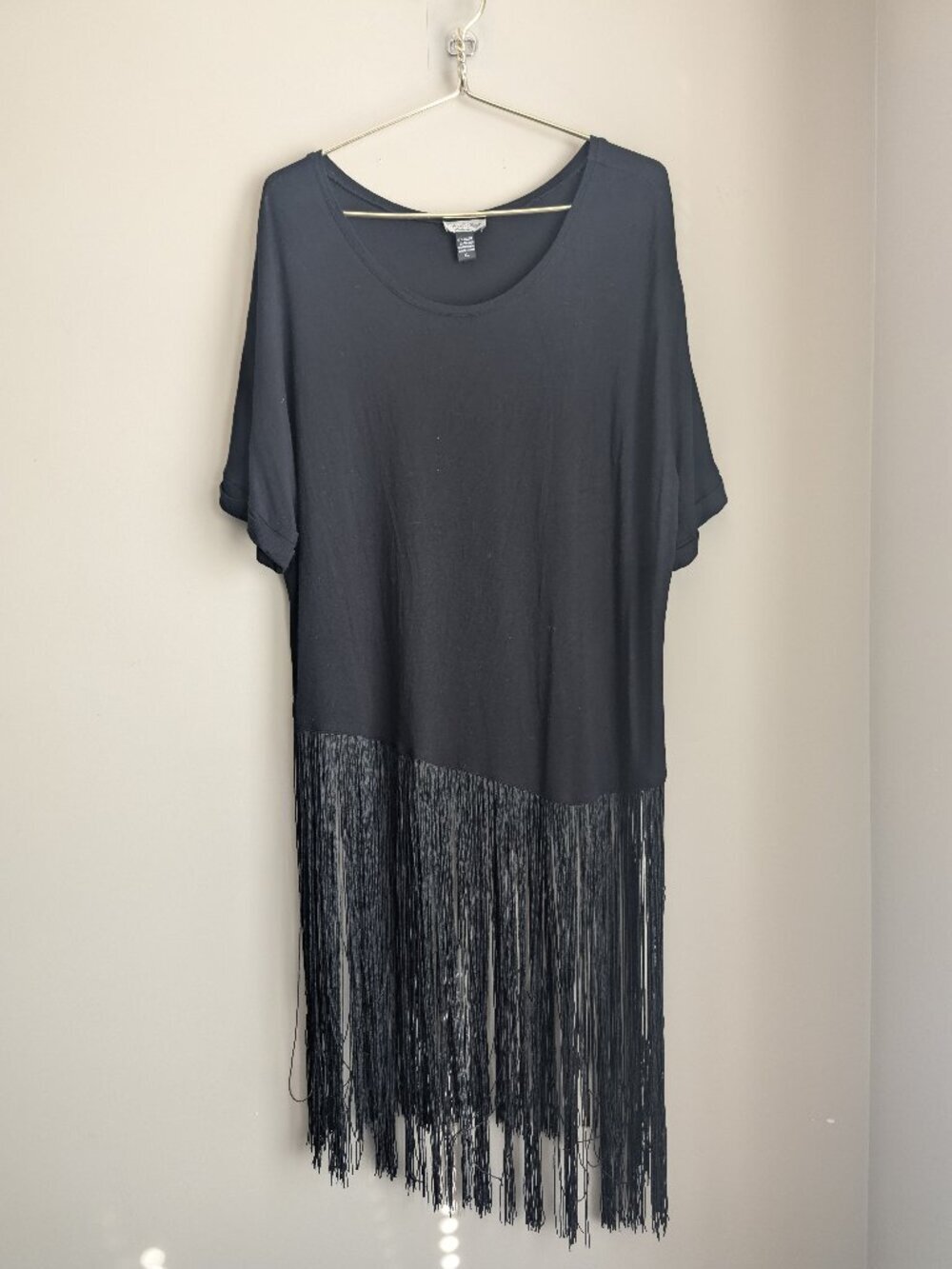 Tasha Polizzi long bottom hem fringe asymmetrical short sleeve top